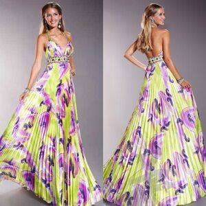 TIFFANY DESIGNS  Green & purple beaded satin halter formal gown dress SIZE 14